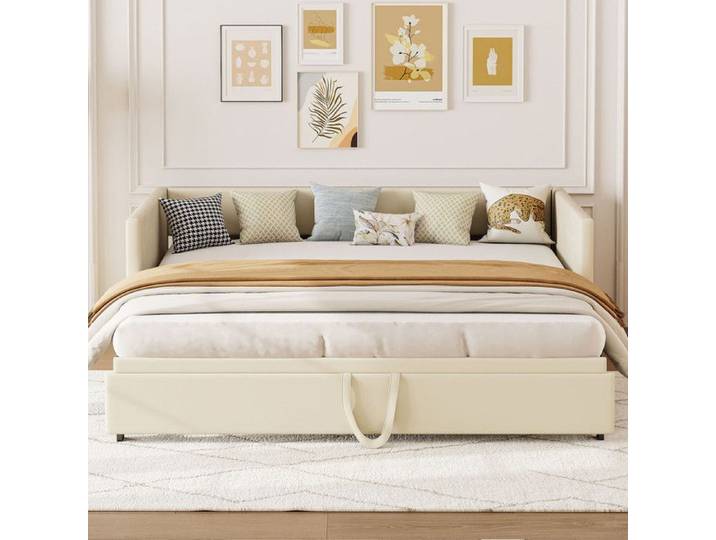 Lit Gigogne Extensible 90/180x200 cm - Canapé-lit Rembourré Moderne - Lit de jour Velours Beige