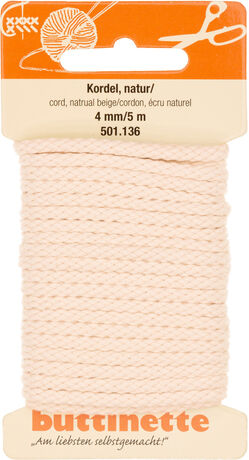 buttinette Baumwoll-Kordel für Bekleidung, natur, 4 mm Ø, Länge: 5 m