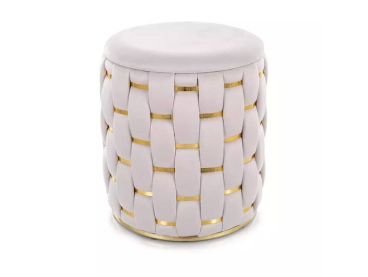 Pouf rond tressé en velours de polyester beige avec rangement discret