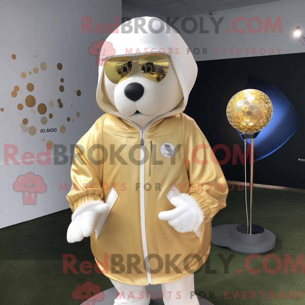 Maskottchen REDBROKOLY eines goldenen Golfballs mit Parka und Anstecknadeln