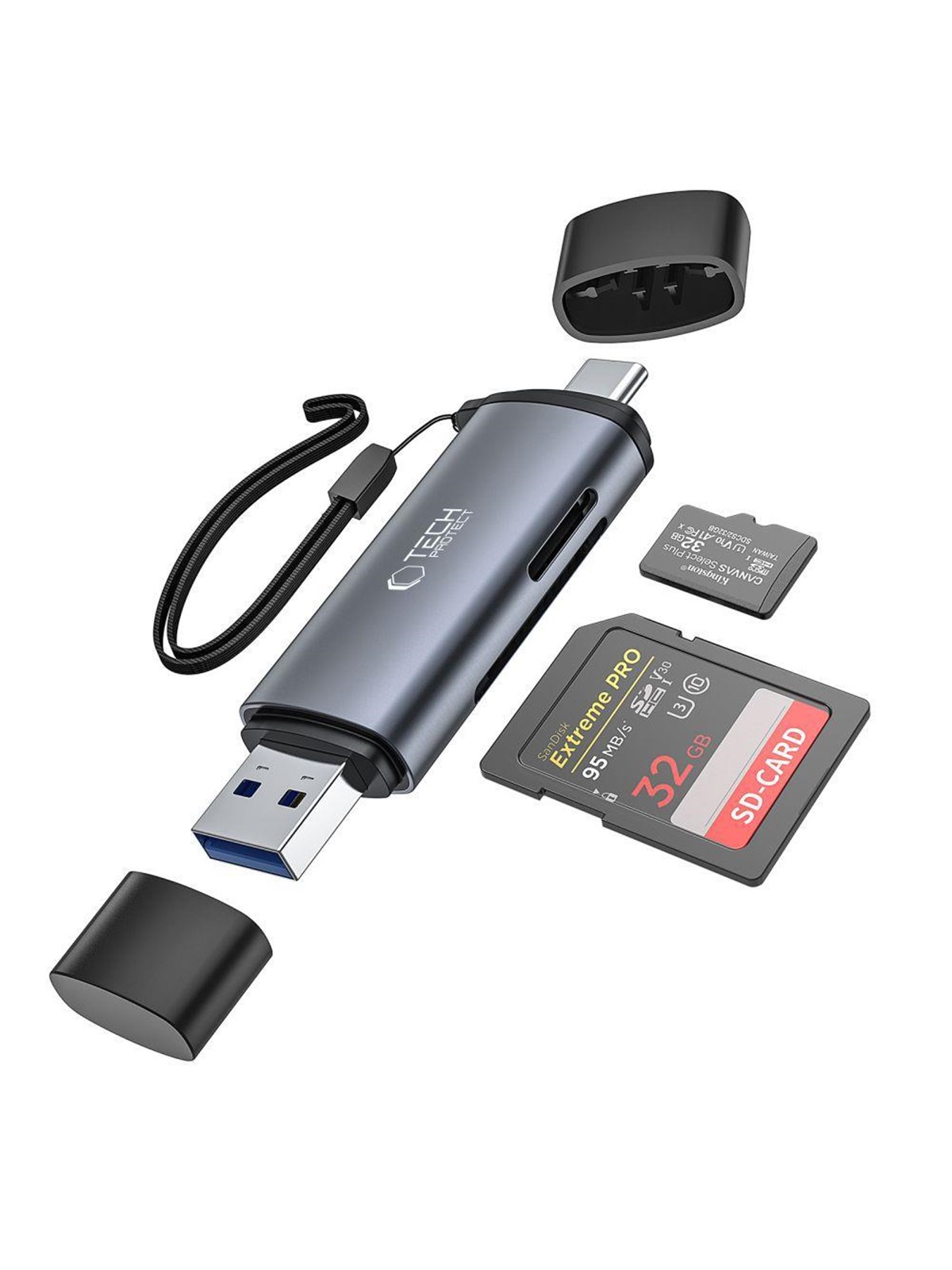 Tech-Protect UltraBoost SD / micro SD card reader with USB-C / USB-A connectors - grey USB-Hubs - USB 3.0 - 4 - Grau