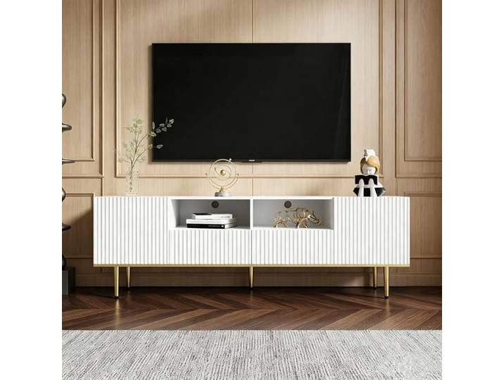 Meuble TV moderne 165 x 36 x 55 cm - Meuble TV bas avec pieds dorés et bord doré - blanc