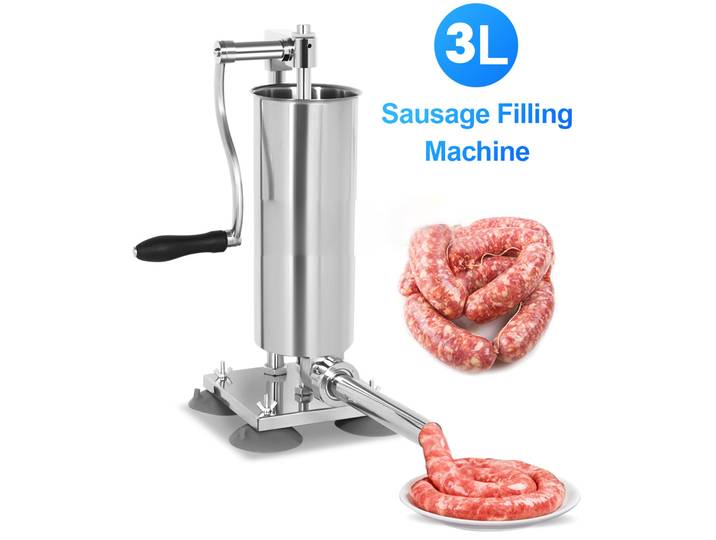 Machine à saucisses manuelle verticale 3L en acier inoxydable, avec 4 tubes de remplissage, pour la préparation de saucisses et la préparation de viande.