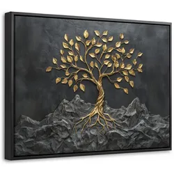 LEINWAND Bilder mit Rahmen - Blätter - Gold - Baum - Fels - 40x30