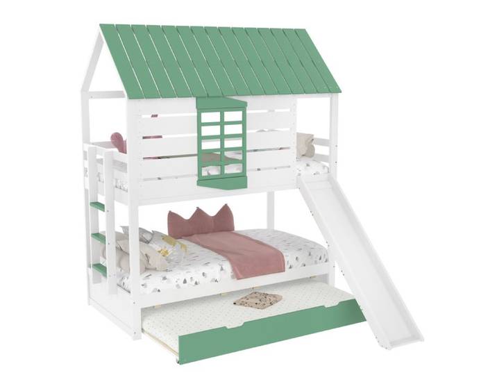 VLIVRA Lit superposé 3 places - cabane avec toboggan et lit gigogne - 90×200 cm - enfant - sans matelas - blanc et vert