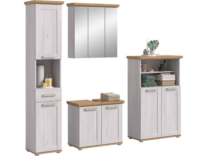 Badmöbel-Set WELLTIME COSENZA, 4-teilig, in Landhausoptik, mit farblich abgesetztem Kranz , weiss (sibiu lärche nachbildung), B:213cm H:187cm T:34cm, Kastenmöbel-Sets, Badmöbel-Set, Bad-Kombination, Badezimmer, Kombi, Bad, Bad-Möbel