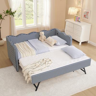 ZWYO HOSIMU Twin Size Linen Upholstered Gingham Daybed with Trundle, USB Port, Wave-Shaped Design No Box Spring Needed, Safe Sofa Bed
