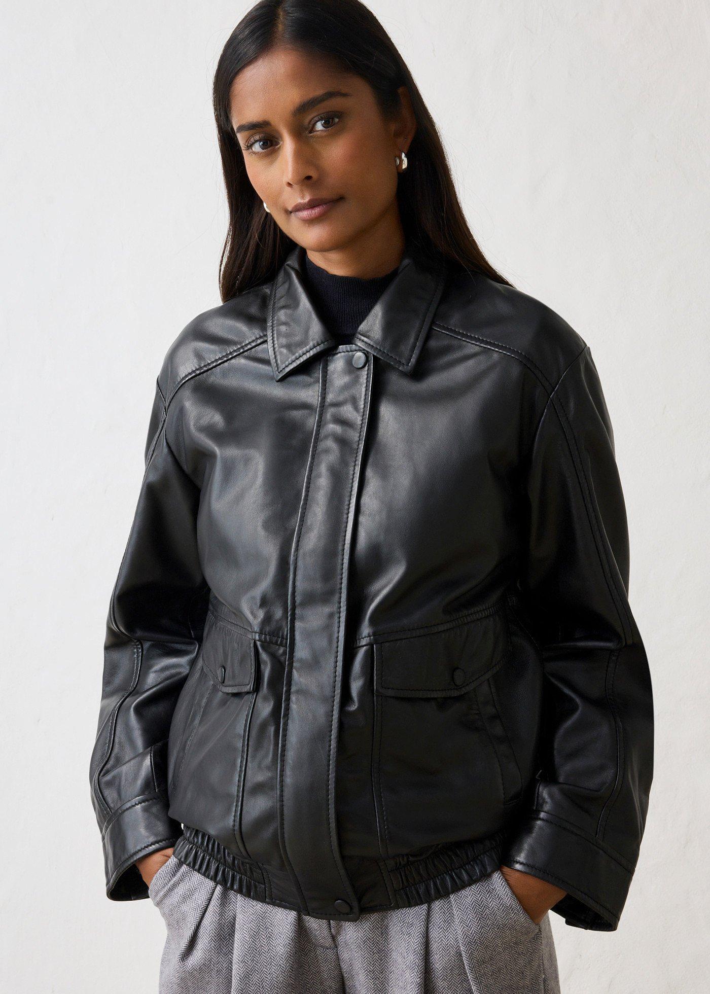 bonprix Oversize Leder-Blouson aus Lammnappa, schwarz, Gr.50, moderner Oversize Blouson aus hochwertigen Lammnappa-Leder, aus Nappaleder