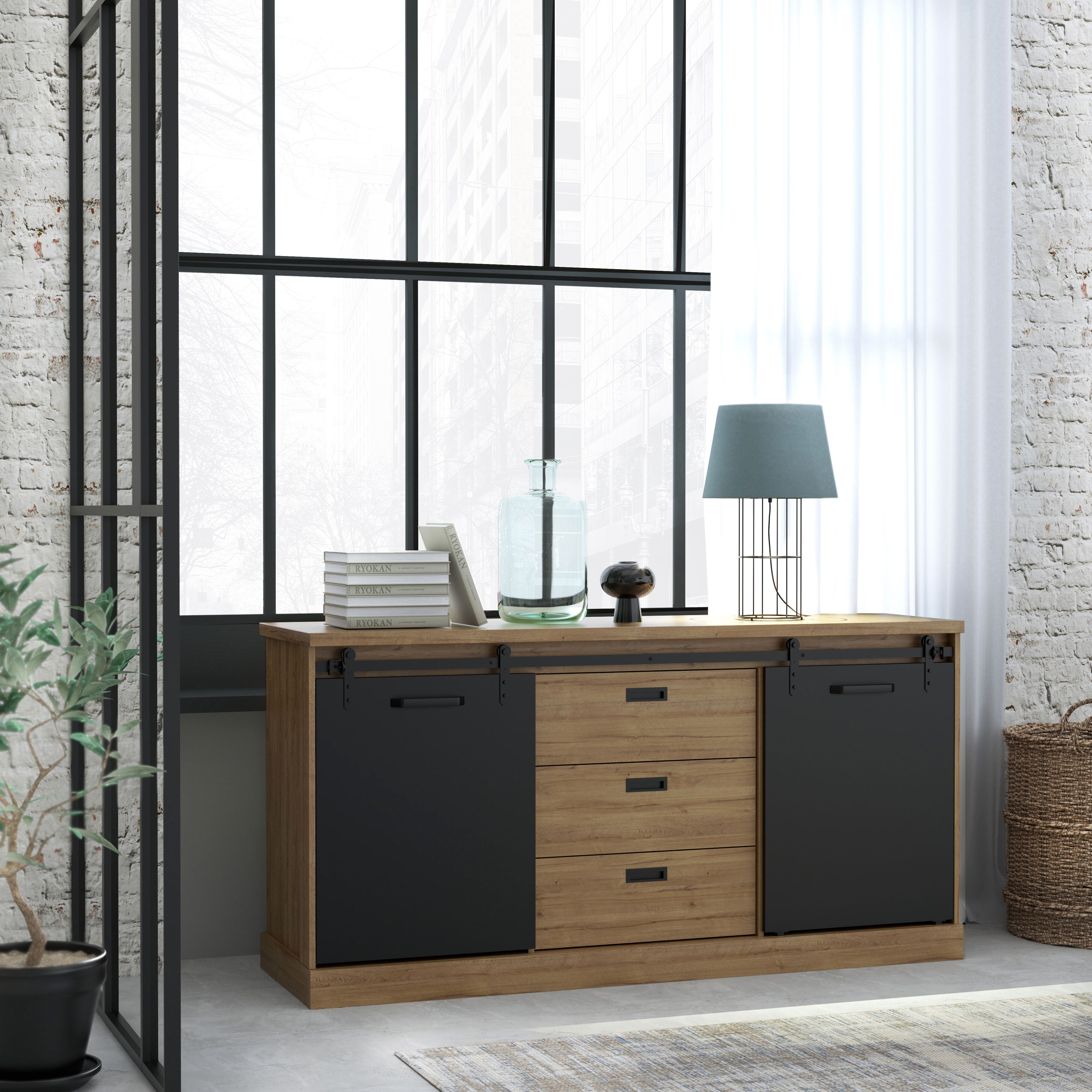 Sideboard FORTE "Kaszimiro", schwarz (waterford eiche, schwarz), B:173,3cm H:88,2cm T:52cm, Holzwerkstoff, Sideboards, Sideboard