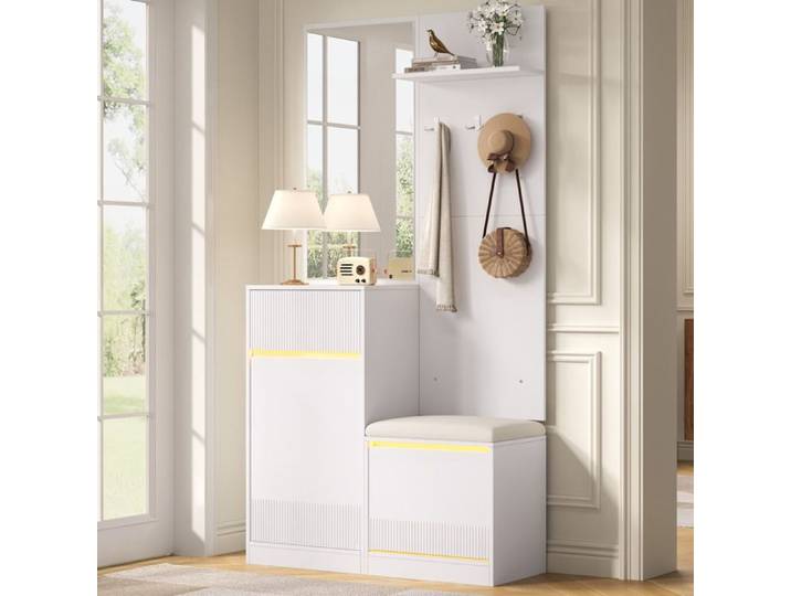 Vestiaire d'entrée multifonction avec meuble à chaussures banc miroir et LED rangement pour entrée blanc - UVRION