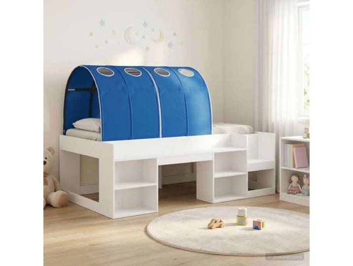 RJPLMFV Hochbett für Kinder, 3-teilig, Weiß, Blau Holzwerkstoff, integrierte Regale, fester Lattenrahmen, einfache Montage