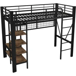 OKWISH Hochbett aus Metall und MDF, Schwarz, 90x200 cm, mit LED-Lichtleiste, Ablagefach und Hängegitter