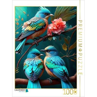 CALVENDO Puzzle Drei blau türkisfarbene Paradiesvögel zwischen filigranen Blüten | 1000 Teile Lege-Größe 64x48cm Foto-Puzzle für glückliche Stunden,