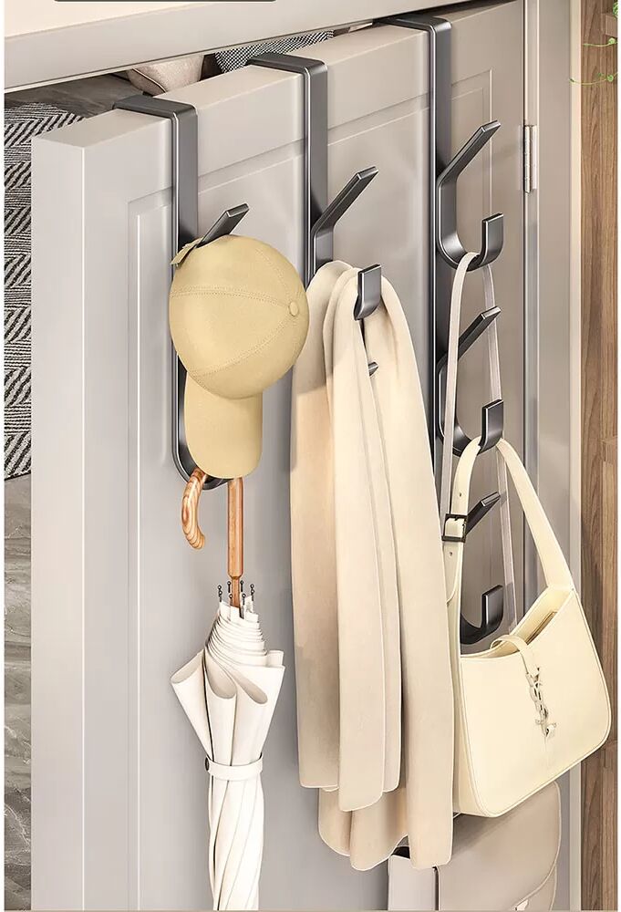 INF Faltbarer Türhaken Grau mit 5 Haken – Ideal für Kleidung, Taschen und Accessoires