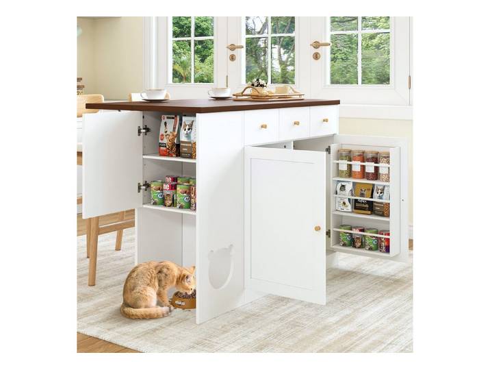 Merax Kücheninsel Sideboard mit Ausziehbarer Arbeitsplatte, Haustierbereich, 3 Schublade, 3 Tür, Gewürzregal, Küchenwagen, Küchenschrank