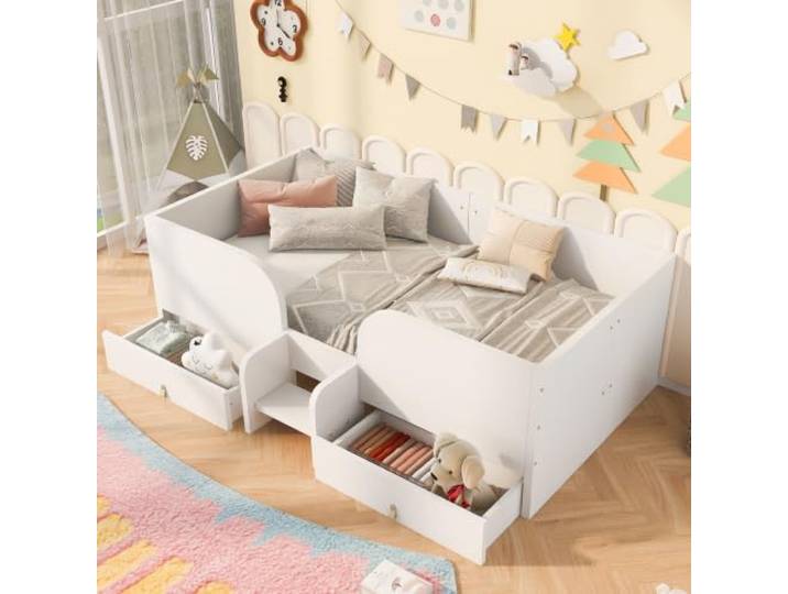 BXEYXE Holzbett 90 × 200 cm, Mit Zwei Großen Schubladen, Mit Kleiner Sicherheitsleiter, Kinderbett, Einzelbett, Weiß