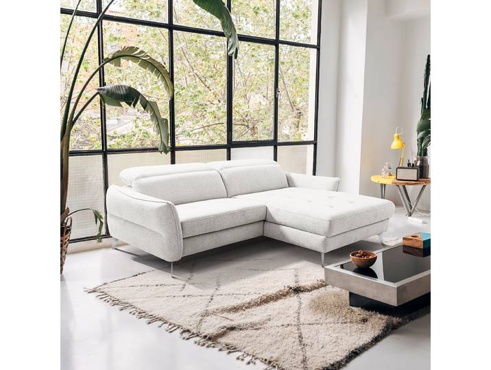 Ecksofa mit opt. Schlaffunktion Weiß Webstoff Aranja 243 x 75 x 175cm Longchair davorstehend rechts mit Schlaffunktion Kopfstütze