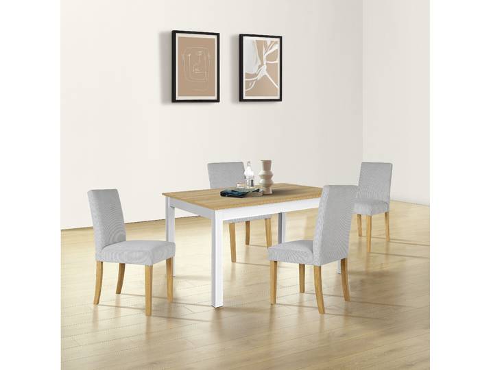 Esstisch GOODPRODUCT Olst , beige (natur, weiß), B:140cm H:77cm T:80cm, Particle board with melamine, wood base with paper wrapping, Tische, Esstisch, im Landhaus Stil mit pflegeleichter Oberfläche, verschiedene Grössen
