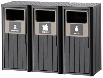 Decksplore Outdoor Tripple Barrel Trash Can,Waterproof Resin Garbage Can with Garbage Labels,Durable Waste Bin for Porch, Backyard