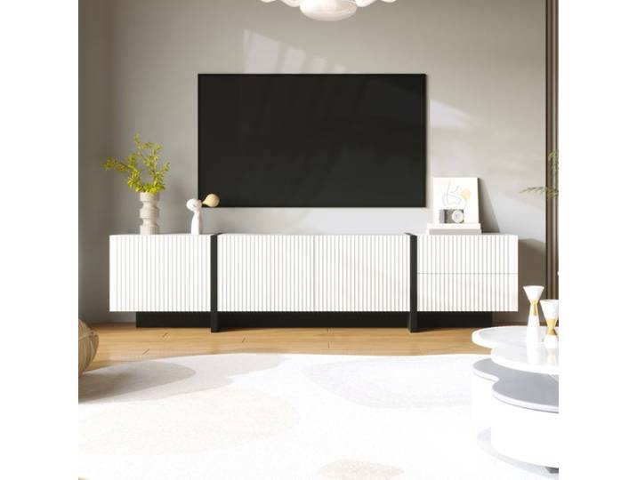 Meuble TV - KOMHTOM - 3 Portes 2 Tiroirs - 190x35x45 cm - Noir et Blanc - Pour grand écran