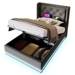 Polsterbett 90x200 cm aus Baumwolle mit Stauraum – Hydraulisches Design, USB-Ladeanschlüsse und 3-seitige LED-Beleuchtung