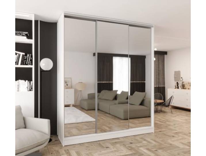 Kleiderschrank mit Spiegel und Schiebetüren Weiß 200x250 cm 2 Kleiderstangen, Ohne Schubladen, MDF Platte, Inklusive Montageset, Mit Einlegeböden, Viel Stauraum, Praktische Aufteilung