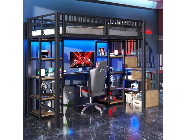 JTY Lit Mezzanine 90x200 cm - Lit Ado Simple avec Bureau Escalier Rangement et LED - Métal et MDF - sans Matelas - N LIT MEZZANINE