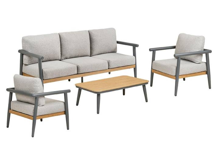 Camilla ensemble lounge avec coussins canapé\, 2 fauteuils\, 1 table gris-beige.