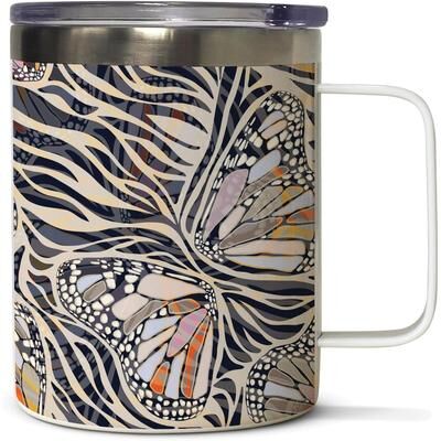 Highland Home Zebra Butterflies Stainless Steel Mug with Lid 12 oz. Manufactured in the USA