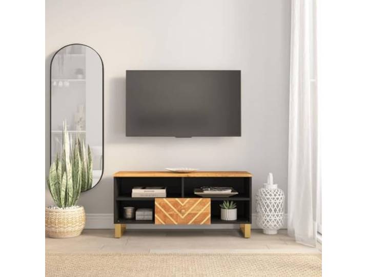 HEFZGDB TV-Schrank Braun und Schwarz 100x33,5x46 cm Massivholz Mango mit Stauraum und Eisenbeinen für Stabilität und Langlebigkeit