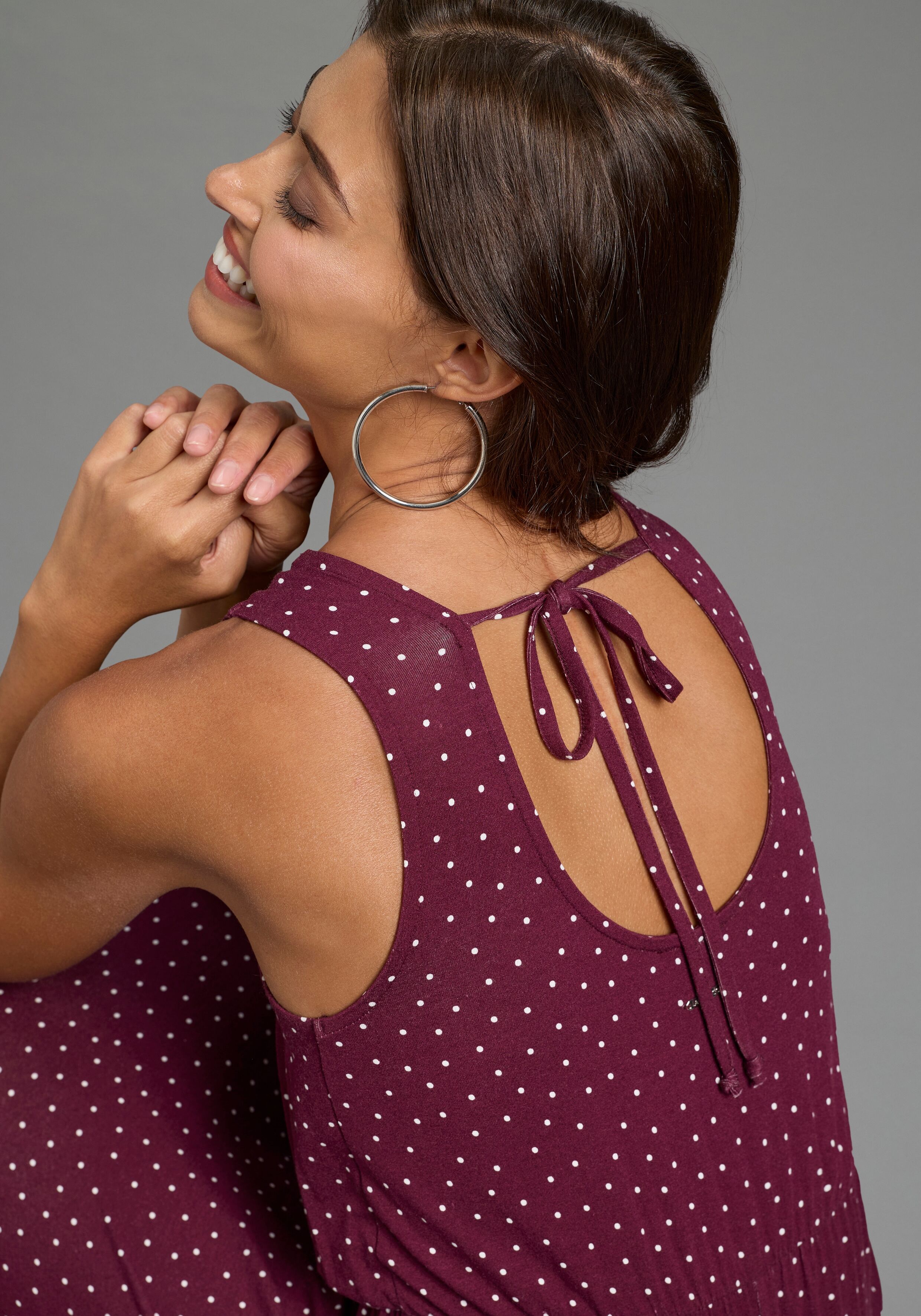 Sommerkleid LAURA SCOTT, Damen, Gr. 46, N-Gr, ohne Ärmel, Single Jersey, lila (bordeaux, gepunktet), Single Jersey, Obermaterial: 95% Viskose, 5% Elasthan, bedruckt, gemustert, gepunktet, figurumspielend bodenlang, Rundhals, Kleider Sommerkleid, bodennah 