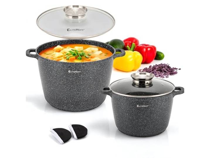 EliteHoff Kochtopf, 2er-Set Suppentopf aus Aluminiumguss mit Antihaftbeschichtung 24/28 cm (6,5L und 10,2L), Induktionstopf mit Glasdeckel, Für alle Herdarten inkl. Induktion, Gas, Elektro (Schwarz)
