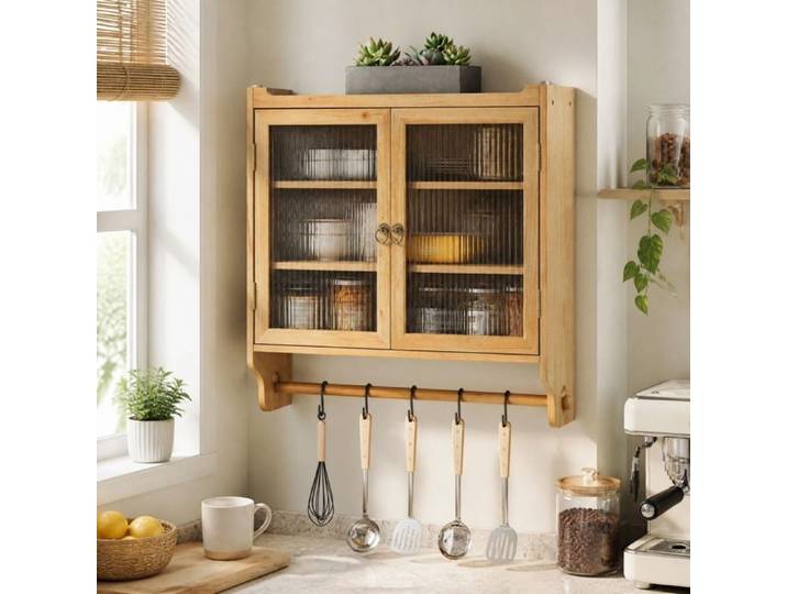 Armoire murale - ZEVKOR - 63×60×18 cm - 2 portes vitrées - 3 étagères amovibles - Porte-serviettes bois naturel