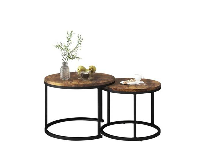 Table basse gigogne ronde lot de 2 – MDF aspect bois marron – design moderne