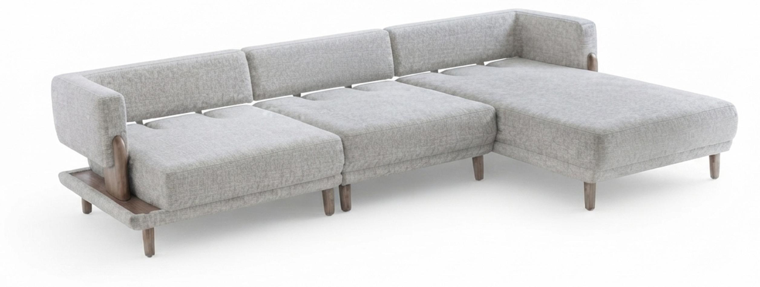 Beiges Ecksofa mit Holzsockel und niedrigem Rücken (BD)