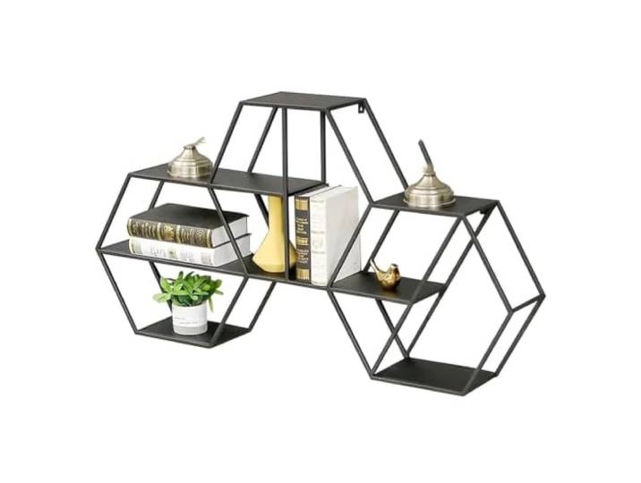 Failjierue Decken-Weinregal mit sechs Kanten, Flaschenhalter aus Eisen Wand montierte Weinregale 10 Flaschen bieten Platz 3 Stielen Wein Glashaken für Wohnzimmer, Küche, Bartheke(Black)