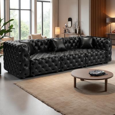 ZWYO HOSIMU "105.7"" Faux Leather Button Tufted Modular 3-Seater Sofa with 3 Pillows for Living Room, Apartment."