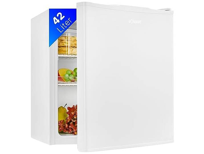 Bomann® Mini Kühlschrank 42 Liter Getränkekühlschrank klein für Büro, Camping und Gaming kleiner Kühlschrank leise 39 dB Minibar mit wechselbarem Türanschlag 51x45x45 cm KB 7346 weiß