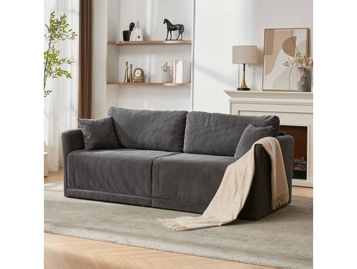 ROVRYN Canape convertible 2 places velours cotele gris avec accoudoirs structure metal style minimaliste