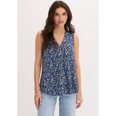 Shirttop BONPRIX, Damen, Gr. 44/46 (L), blau (blau geblümt), Obermaterial: 95% Viskose, 5% Elasthan, bequem, Tops Shirttop, mit V-Ausschnitt, mit eingelegter Falte, ärmellos