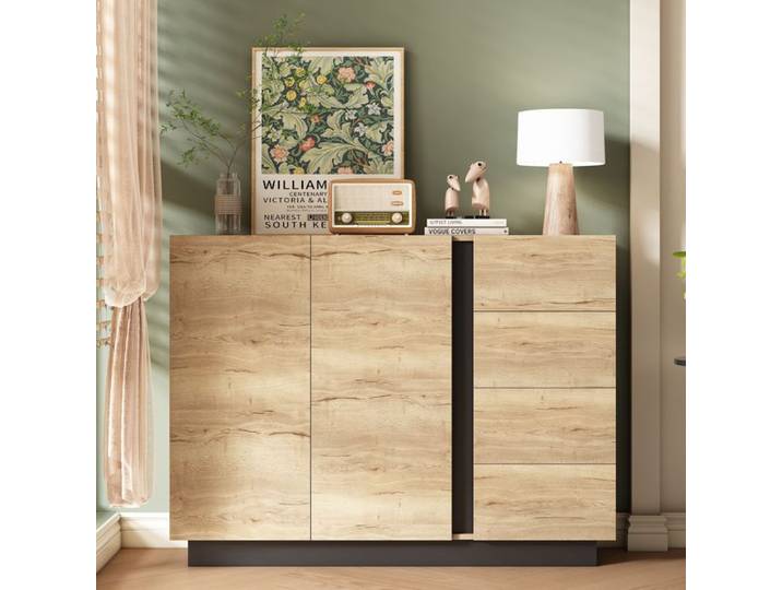 Buffet 120x35 5x90 5 cm EVRYAE - 4 tiroirs et 2 portes ouverture par pression sans poignées - Noir et bois naturel