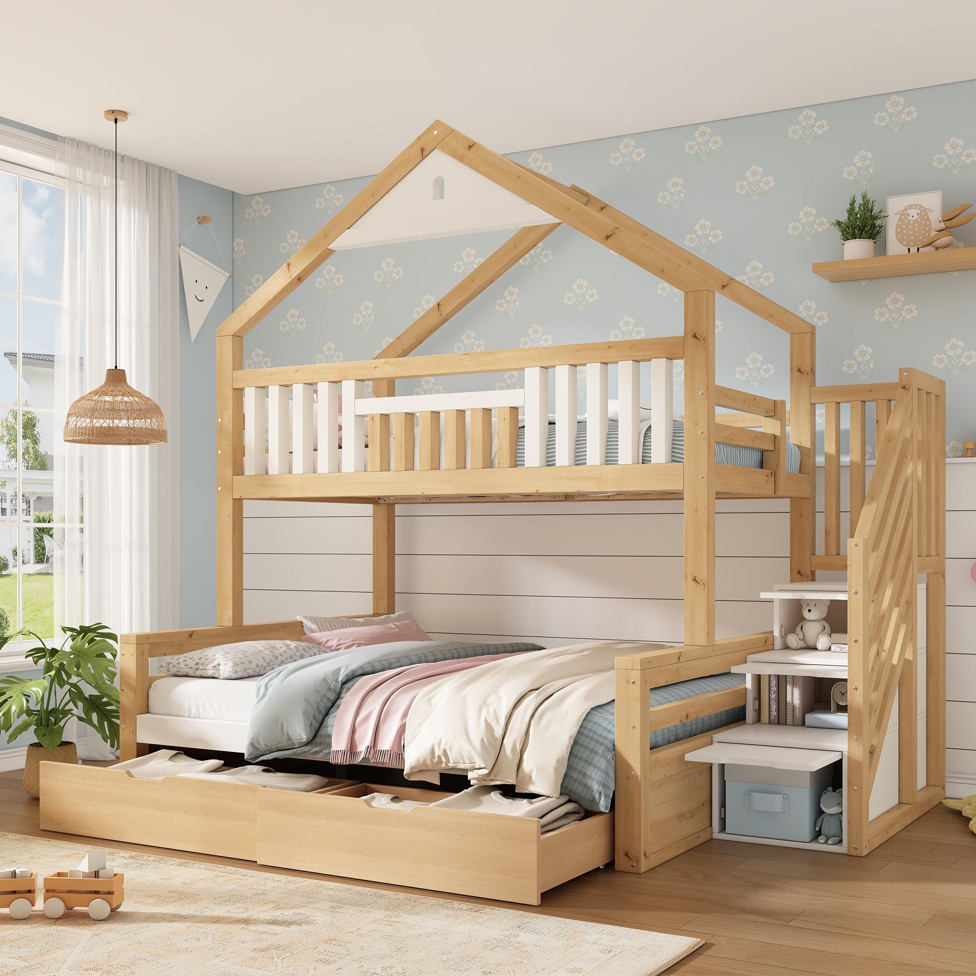 okwish Etagenbett 90/140×200 mit 2 Schubladen und Stauraumleiter, Kinderbett mit Giebeldach,Jugendbett in Eiche+Weiß,ohne Matratze