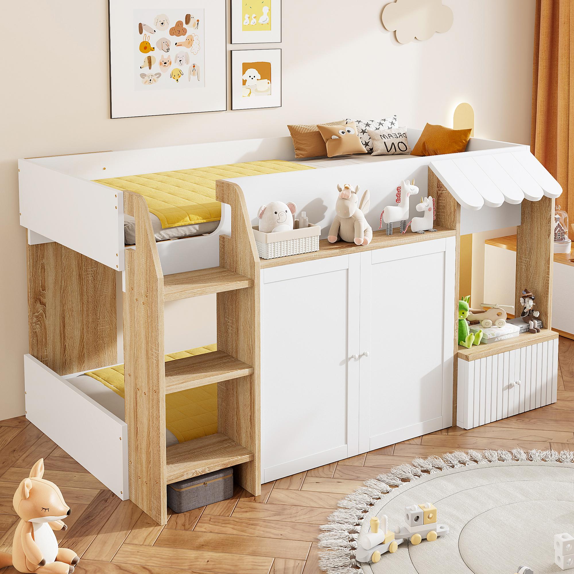 Merax Halbhohes Etagenbett 90x200cm mit Kletterleiter und Stauraum, Kinderbett Hausbett mit Massivholzrahmen und beiden Türen, Weiß + Holzfarbe