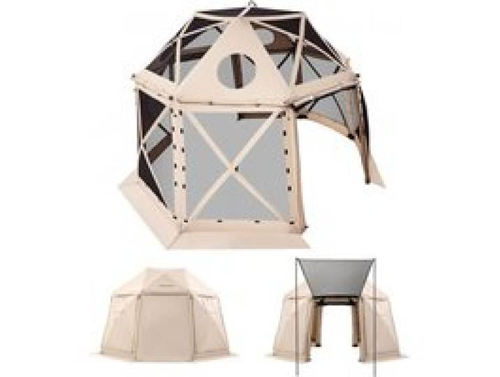 VEVOR Tente Moustiquaire Tonnelle Pop-up 3,6x3,6 m Tente Moustiquaire Pliante 8-10 Personnes Abri Solaire 13 Côtés pour Camping Famille, Terrasse, Jardin, avec Toit Amovible, Sac de Transport, Beige