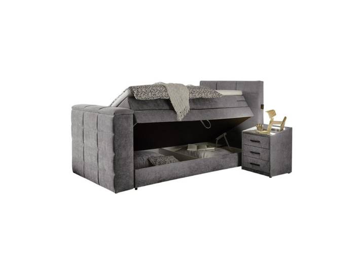 Trendstore Benni Boxspringbett mit Motor, TV-Halterung und Bettkasten - Microvelours Uran 09 stone - 120 x 200 - Bettkasten und TV-Halterung perfekte Mischung aus Design und Funktionen, bis 40 Zoll TV geeignet, schlafen wie im Hotel, zwei Größen, fünf Farben, Einzel- oder Doppelbett Modern