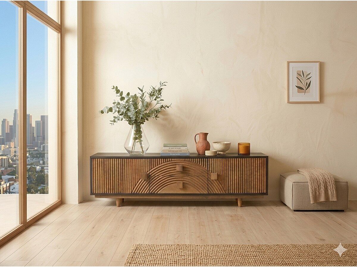 Mueble TV de madera maciza de mango negro y marrón