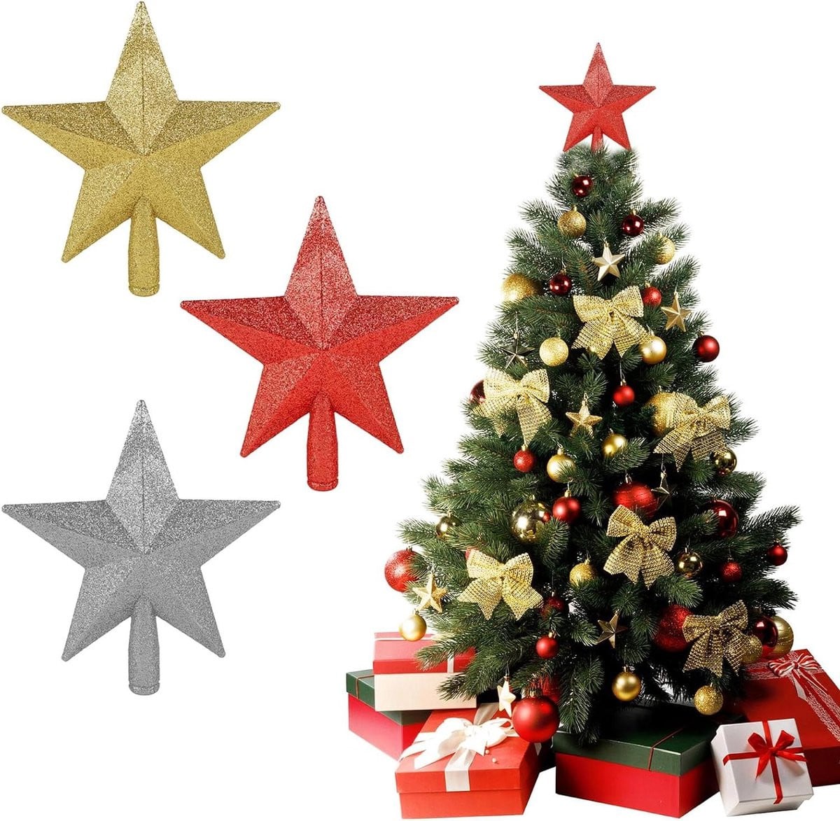 Set van 3 glinsterende stervormige kerstboomtoppers voor op tafel, 20 cm