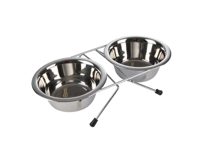 Fressnäpfe 2er-Set aus Edelstahl, Futterstation mit Gestell, silber, je Ø 13 cm