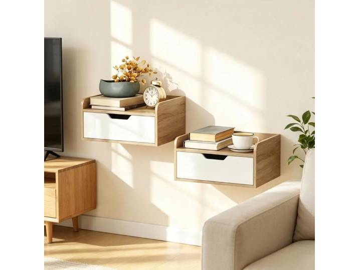 Lot de 2 tables de chevet murales - Lot de 2 - Design mural flottant - Avec tiroir - Plateau à rebords surélevés