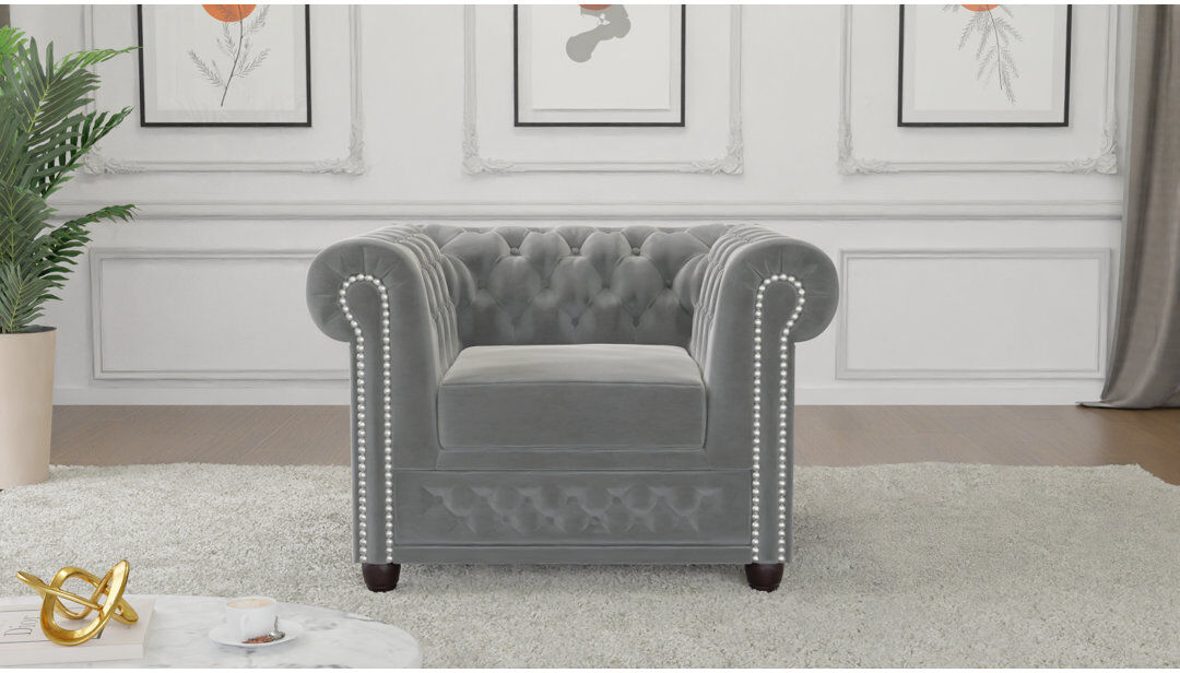 S-Style Furniture Chesterfield Armchair Hanna Made of Velvet Fabric with Solid Wood Legs Grey 72cm H X 94cm W X 86cm D